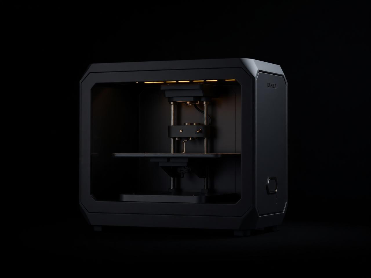 AJ Filaments precision 3D printer prototype in matte black with gold accents